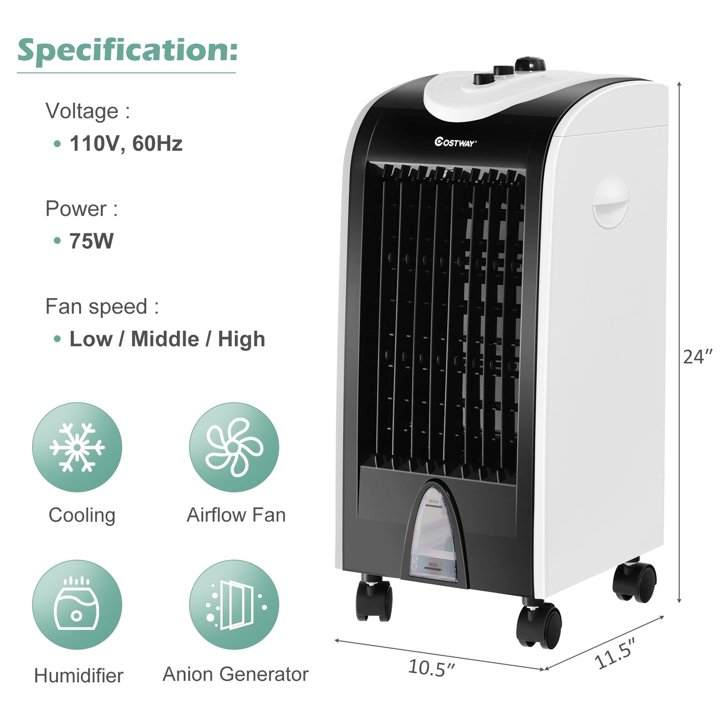 3-in-1 Portable Evaporative Air Cooler with Filter Knob for Indoor